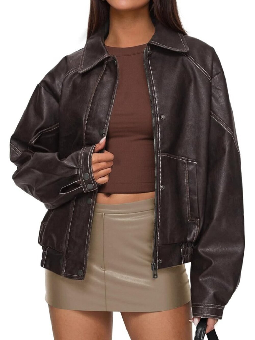 Women's Bomber Motorcycle Jackets Oversized Faux Leather Jacket Dark Brown